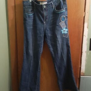 Blue Embroidered Patchwork Route 66 Flare/Bootcut Women's Jeans Size 16 1/2 X 24